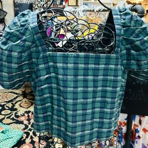 Madewell Green Plaid Puff Sleeve Blouse, NWT, Small